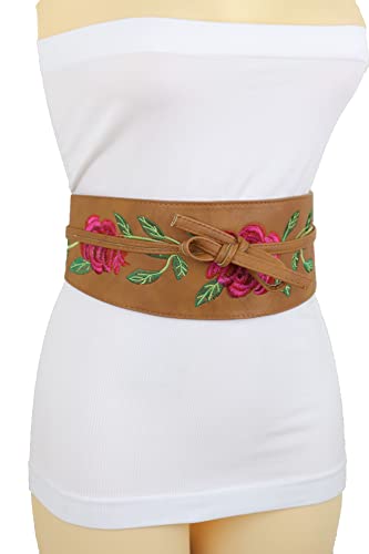 Women Black Tie Fashion Belt - Wrap Around Faux Leather Wide Waistband Flower Kimono S M2