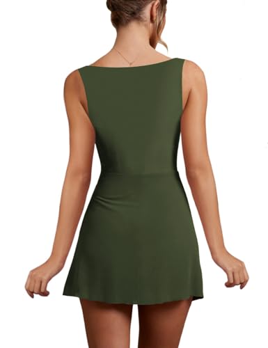 Image of Women's Sexy Sleeveless Square Neck Bodycon Ruched Split Party Club Mini Tank Short Dress