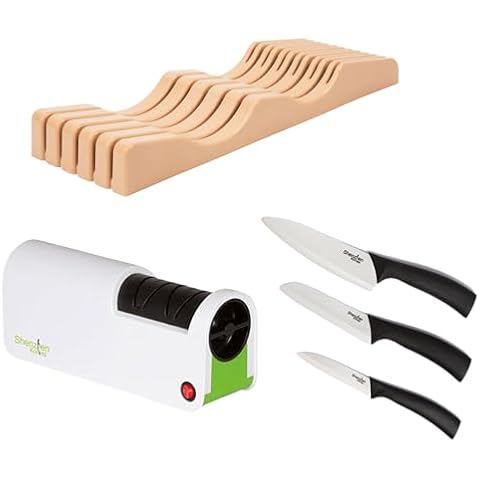 Shenzhen Knives - Large In-Drawer Plastic Knife Block: 11 Slot Knife Holder, White Ceramic Knife Set - 3-Piece AND Electric Diamond Knife Sharpener (3-Pack Bundle) Cover