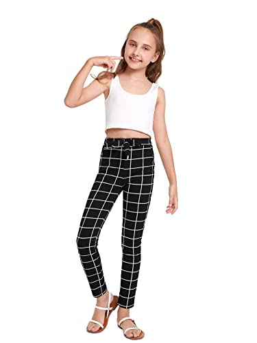 Wdirara Girl's Stretchy Plaid Paper Bag Waist Skinny Legging Pants With Pockets Black 10Y #TOP4
