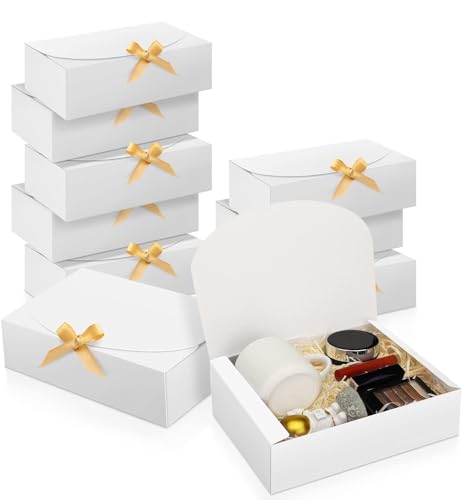 SWANGSA 11 Set Gift Boxes with Lids, 10.6\'\'x8\'\'x3\'\' White Kraft Paper Gift Box, Bridesmaid Proposal Box with Ribbon and 60pcs Adhesive Dots, for Wedding, Packaging, Present, Birthday, Cupcake Boxes