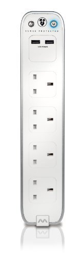 Masterplug Four Socket Switched Inline Power Surge Protected Extension Lead with Two USB Charging Ports, 1 Metre, Gloss White