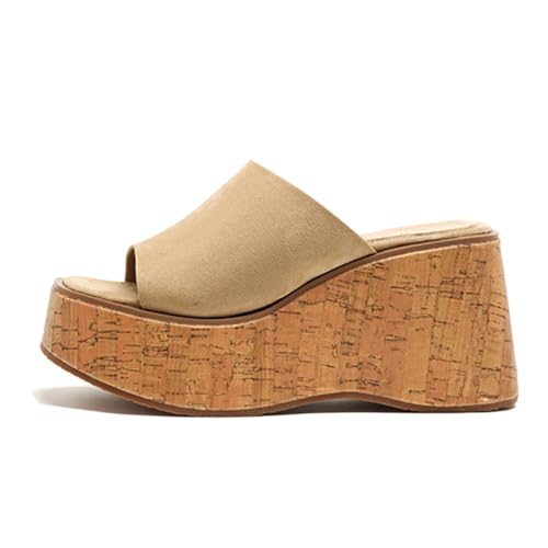 Faux Wood platform Cork slides sandals for Womens Suede wide Band Square Toe with Comfort Memory Foam Wood Grain Chunky Wedge Slip-On Mule Sandals for Casual Walking & Beach