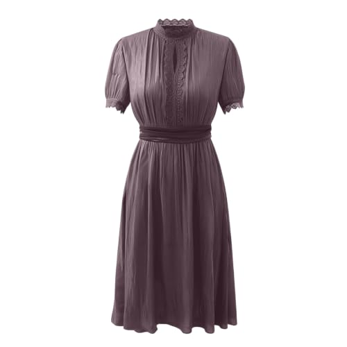 Womens Lace Spliced Soft Maxi Dress Short Sleeve Flow Evening Gowns Purple - image 4