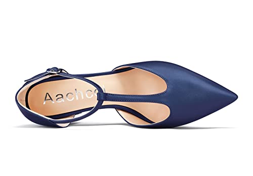 Aachcol Women Chunky Block Mid Low Heel Pumps Ankle Strap T-Strap Pointed Toe Dress Shoes Party Wedding Satin 2 Inch4