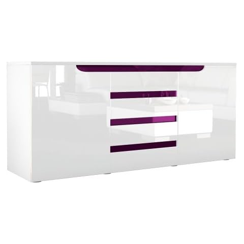 Vladon Sideboard Kommode Sylt, Korpus in Weiß matt/Front in Weiß Hochglanz mit Absetzungen in Brombeer Hochglanz Cover