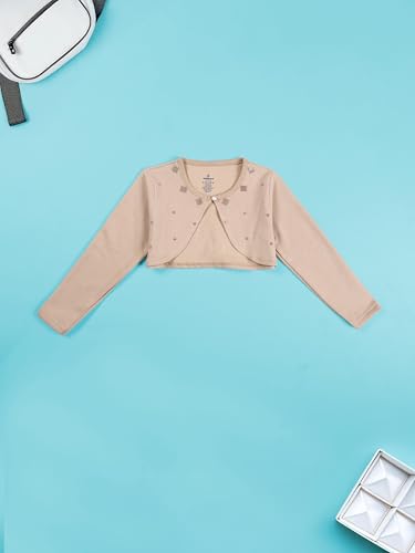 Image of KiddoPanti Girls Fleece Crop Length Shrug | Cotton Poly Fleece Fabric |Sequin Patch on Chest | Front Open Pearl Button Closure | Crop Length, Full Sleeve | Lightweigth & Breathable Girls Shrug