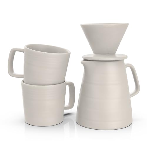 Comparison: Best Pour Over Coffee Mug Set 9 Francois et Mimi Pour Over Drip Coffee Maker Gift Set with Two Coffee Mugs, Non-Electric Pour Over Coffee Dripper, Easy Manual Brew Maker, Dishwasher and Microwave Safe, Filters not included (Ivory)