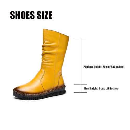 WENOREG Women's Hand Stitching Pleated Flat Mid Calf Boots,Fashion Leather Stitching Side Zipper Comfort Outdoor Anti-slip Work Walking Winter Boots Keep Warm Plush Lining Platform Boots3