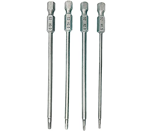 HOPLEX RC Hex Bit Set 1.5, 2.0, 2.5 & 3.0mm Hex Head Allen Wrench Drill Bit S2 Steel 1/4" Hex Shank 4.3" Long for Screwdrivers Bit Electric Screwgun/Power Drill RC Repair Working