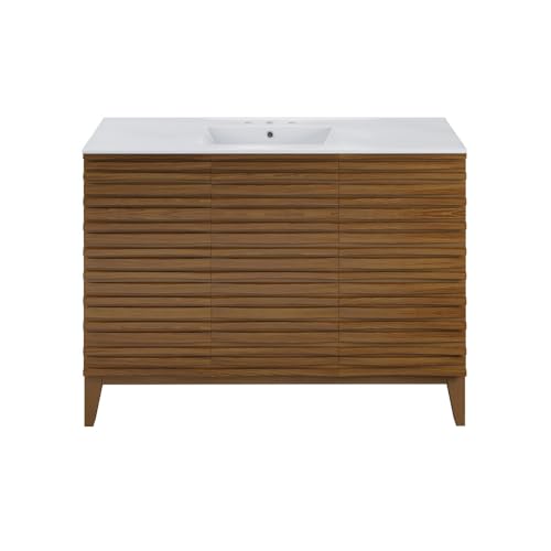 Image of Swiss Madison Cascade 48 in. Brown Oak Bathroom Vanity with White, 3-Hole Ceramic Sink Top
