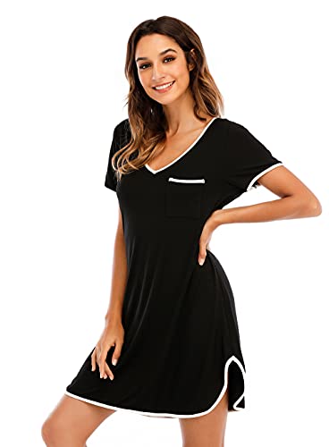Escalier Nightgowns For Women Short Sleeve Night Shirt Sleepwear Soft V Neck Sleep Shirts Dresses Black S