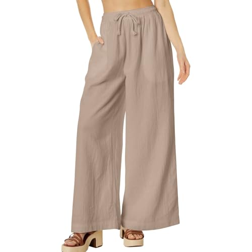 Risipu Women Linen Trousers Summer Wide Leg Trousers High Waisted Breathable Palazzo Casual Cotton Pants with Side Pocket (M, Khaki) - Image 7