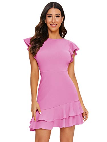 Floerns Women s V Back Inslace Layered Ruffle Hem Flutter Sleeve Dress Pink S