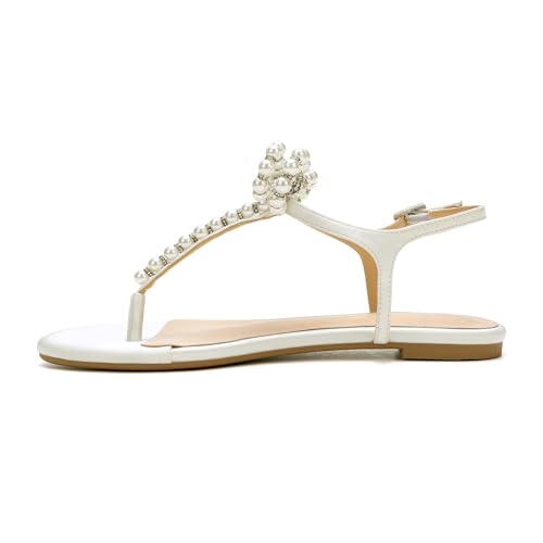 Women T-Strap Thong Sandals with Pearl Roman Style Flats with Bow,Bohemian Casual Beach Slingback Flat Sandals4