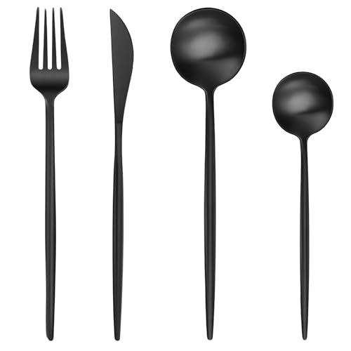 Image of aDai Matte Black Silverware Set | Satin Finish 4-Piece Stainless Steel Flatware Set | Dishwasher Safe Cutlery for Home, Restaurant & Gifting