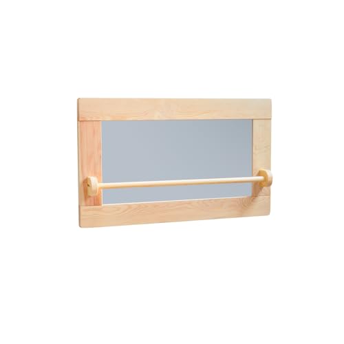 MOST DECO Espejo Montessori HECHO EN ESPAÑA con Barandilla para Bebés y Niños. Espejo de Madera Maciza con Cristal de Seguridad. Regalo Montessori Infantil para Cumpleaños (Tamaño pequeño 74x44cm)