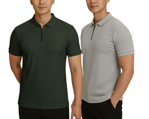 Image of MACK JONNEY Men's Cotton Self Design Polo T-Shirts | Front Half Zipper | Pack of 2 | Multicolour