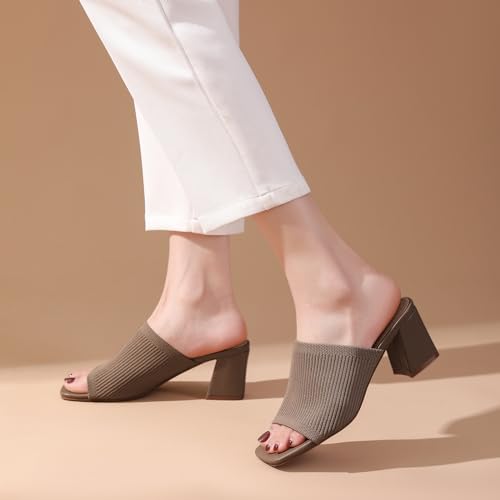 Image of Tilocow Knit Heeled Sandals for Women Square Open Toe Heeled Mules Chunky Block Low Heel Slip On Slides