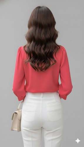 Image of Messica Women Brown Solid Cotton Blend Knitted Top | Ruffle Neck | 3 /4 Sleeve | Regular Fit Casual Office Wear Top