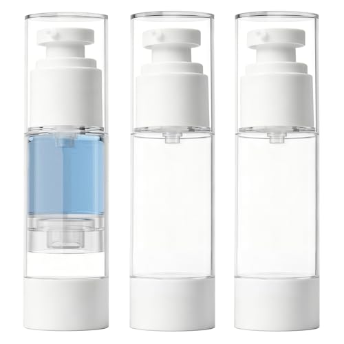 GIVITASOT 1OZ/30ML Airless Pump Bottles 3 Pack Lotion Dispenser Travel Size Pump Bottles Vacuum Cosmetic Travel Bottle for Lotion Creams Foundation Cosmetic with Labels Wooeden Stick