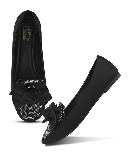 Image of JM LOOKS Crystal Studded Loafer Flats Featuring Elegant Double Layered Bow and Modern Square Toe