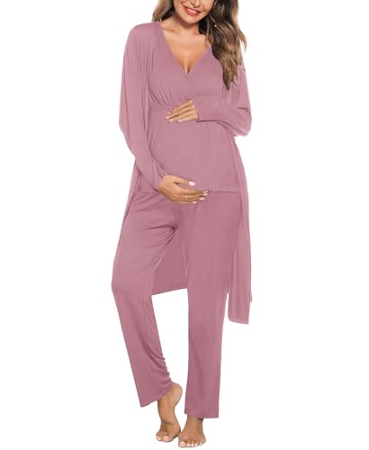 Image of SWOMOG Maternity Nursing Robe Set 3 Piece Postpartum Breastfeeding Pajamas 3 in 1 Hospital Labor Delivery Pregnancy Pjs