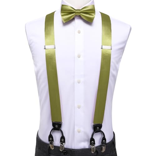 Image of Hi-Tie Olive Green Satin Suspender Bowtie Set for Men Suspenders Pre-tied Bow Tie Pocket Square Cufflinks Adjustable Y Shape 6 Clips Braces Tuxedo