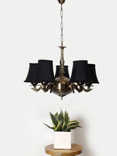 Image of Devansh 05 Lights Black Round Cotton Shade with Antique Golden Chandelier -J