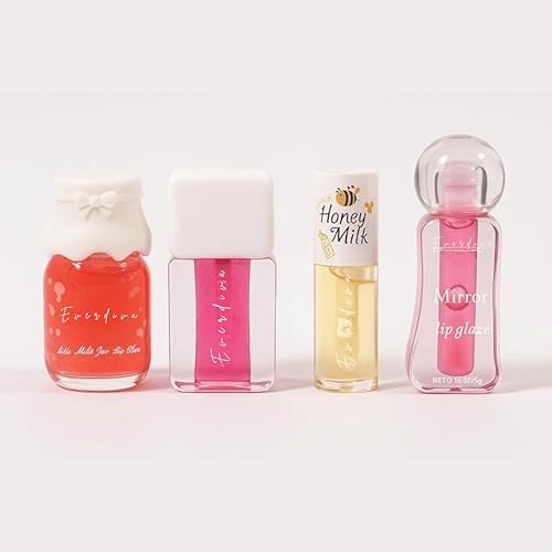 Image of Mini Lip Gloss Combo Set of 4 - Cute Heart, Candy, Toffee & Bottle Shapes | pH Color Changing Lip Tint | Natural Pink Shine | Flavored Gloss Gift for Women & Girls (Lip Gloss Combo 1)