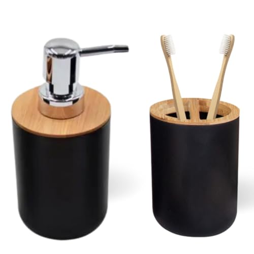 Biberty Pack de dispensador de jabón y portacepillos Negro y bambú, Set Accesorios baño Incluye un dispensador jabón de 375 ml y un Vaso portacepillos bambú - Juego de Accesorios de baño sin Taladro