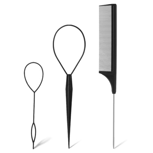 3pcs Topsy Tail Hair Tool Hair Braiding Tool French Braid Loop Tool Rat Tail Comb Fast Hair Styling Accessories (Black)