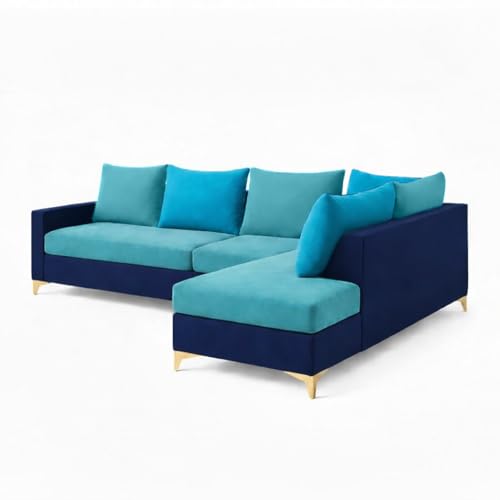 Image of FURNY Gloriss 6 Seater Fabric RHS L Shape Sofa Set with Multi-Color Aqua Blue Cushions (Sky Blue-Dark Blue) Premium Velvet Finish with Golden Legs | Ideal for Living Room, Offices