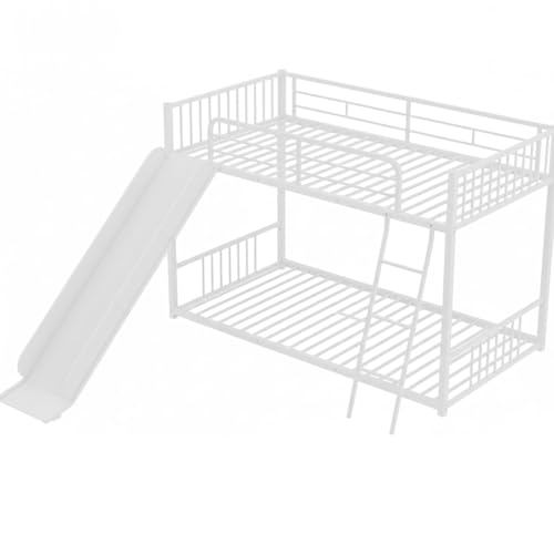 Image of Metal Bunk Bed Frame for Kids | Twin Over Twin Metal Bunk Bed with Slide for Bedroom Living Room Home (White)