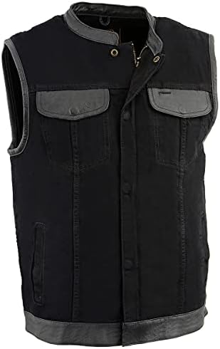 Milwaukee Leather MDM3010 Men's Black Denim Club Vest with Leather Trim and Hidden Zipper - 3X-Large