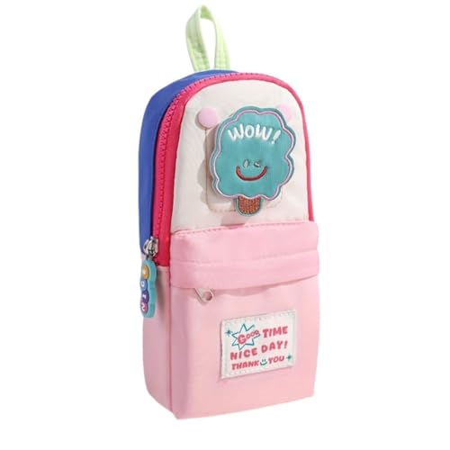 Image of Canvas School Bag Pencil Case, 3 Layer 6 Compartment Large Capacity, Aesthetic Pencil Pouch for Stationary, Cute Stationery for Kids, Pencil Case for Girls & Boys (Pink Little Tree)