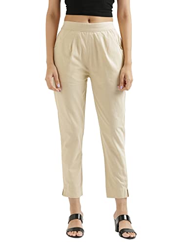 Image of SAADAA Women Cotton Pant Regular Slim Fit Mid Rise Trouser, Pocket Pants for Office School Formal Casual Daily Use