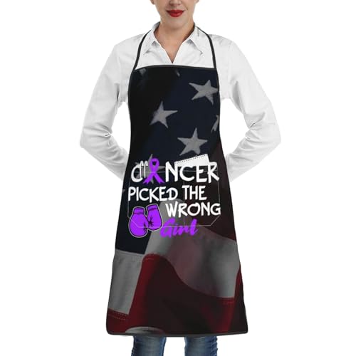 nopicsn Cancer Picked The Wrong Girl Pancreatic Cancer Apron for cooking with Pockets Women Men Kitchen Chef Funny Aprons
