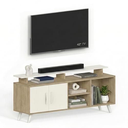 Image of Zerry Engineered Wood TV Entertainment Unit Set Top Box Stand /TV Cabinet Panel with Shelves for Books & Decor Display Unit Bed Living Room Upto 55 Inches - DIY (Light Oak & White)