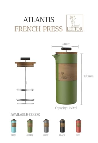 Image of LECTOR Atlantis French Press Coffee Maker | 450ml Capacity | Premium Ceramic Body with Natural Wood Sleeve & Lid | Manual Brewer for Coffee & Tea | Strong Ceramic Build, Superior Filtration (Green)