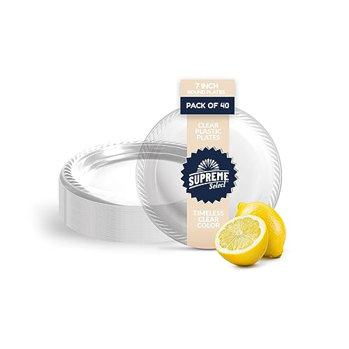 Supreme Select Clear Disposable Plastic Plates [Set of 40 | 7-inch Plates] Elegant Party Dinner Plates-Microwave Safe Plastic Dish Set- Sturdy Rimmed Plates For Weddings, Parties, Kitchen Use