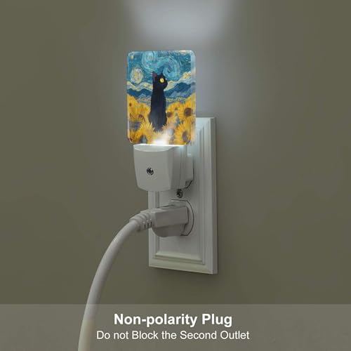 Image of Black Cat Night Light Set of 2, Retro Sunflowers Auto Sensor LED Dusk-to-Dawn Nightlights, Plug-in Sensor Lamp for Bedroom Bathroom Kitchen Hallway Stairs Decorative