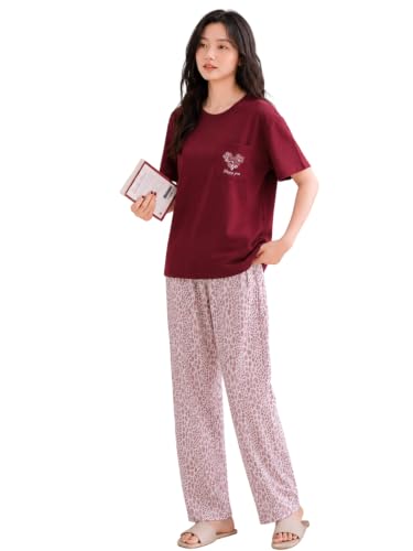 Image of Women's 2-Piece Pajama Set - Short Sleeve Top & Pants Lounge Set, Soft Breathable Sleepwear Night Suit for Women