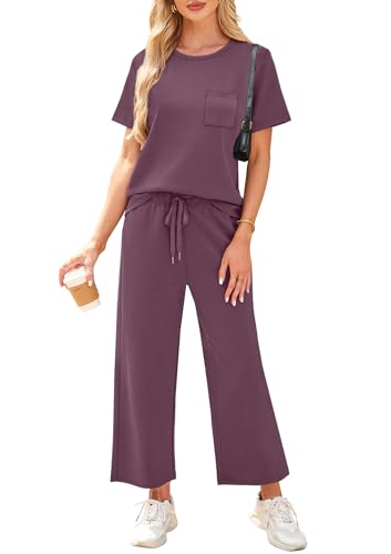 Image of WIHOLL 2 Piece Sets for Women Casual Summer Travel Vacation Outfits Short Sleeve Wide Leg Crop Pants Lounge Sets