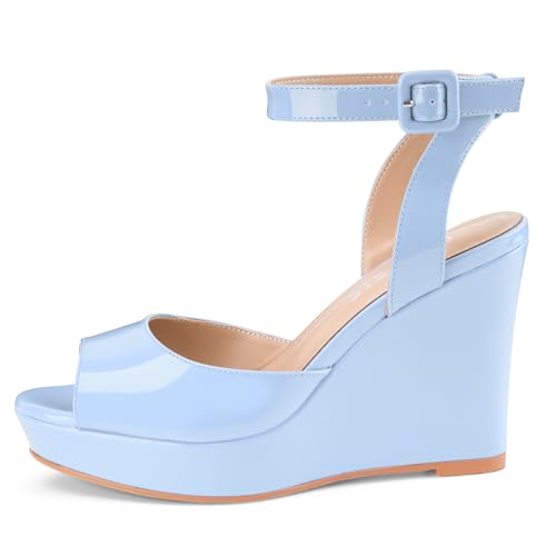 Image of Women's Dressy Platform Wedge Sandals Gold Wedges Peep Toe Patent High Heels Slingback Heeled Comfortable Ankle Strap Shoes