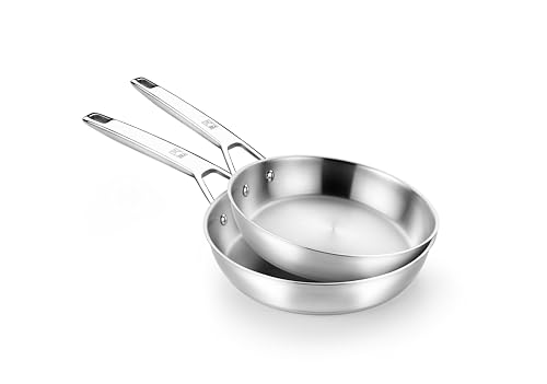 BRA Signature - Juego de 2 sartenes de 24 y 28 cm, acero inoxidable 18/10, sin revestimiento antiadherente, base difusora triple, apto para todo tipo de cocinas y placas de inducción, acabado pulido