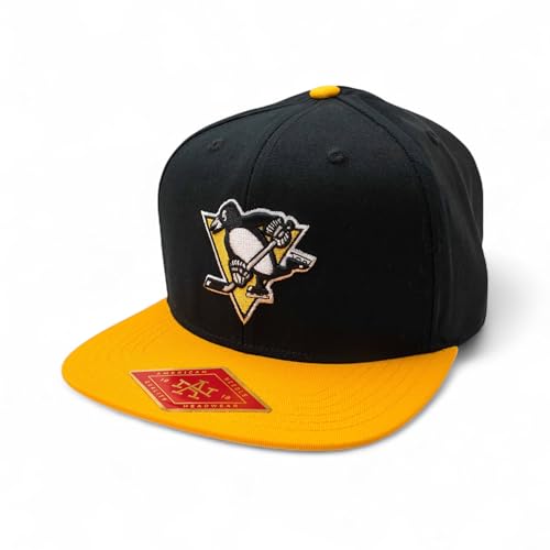AMERICAN NEEDLE Officially Licensed NHL Pittsburgh Penguins Team Hat Embroidered Logo Flat Brim Snapback Black/Gold
