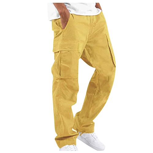 Yellow Cargo Joggers Men Elastic Waist Mencomfy Plus Size Cargo Pants Lightweight Comfy Active Athletic Trousers Outdoor Hiking Tactical Pants with Multi Pockets Casual Work Wide Leg Trousers