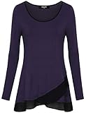 Laksmi Crew Neck Tops, Autumn Long Sleeve Knit Chiffon Patchwork Loose Fashion Office Wear Tunic Tops,Dark Violet XX-Large