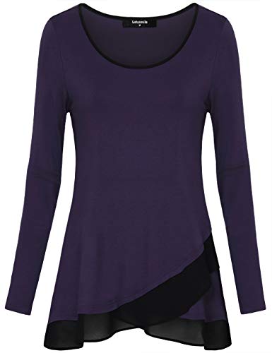 Lotusmile Tops Blouses for Women to Wear with Leggings, Scoop Neck Long Sleeve Stitching chiffon Tunics for Womens A-Line Causal Comfort Tee Shirts Dark Violet XX-Large